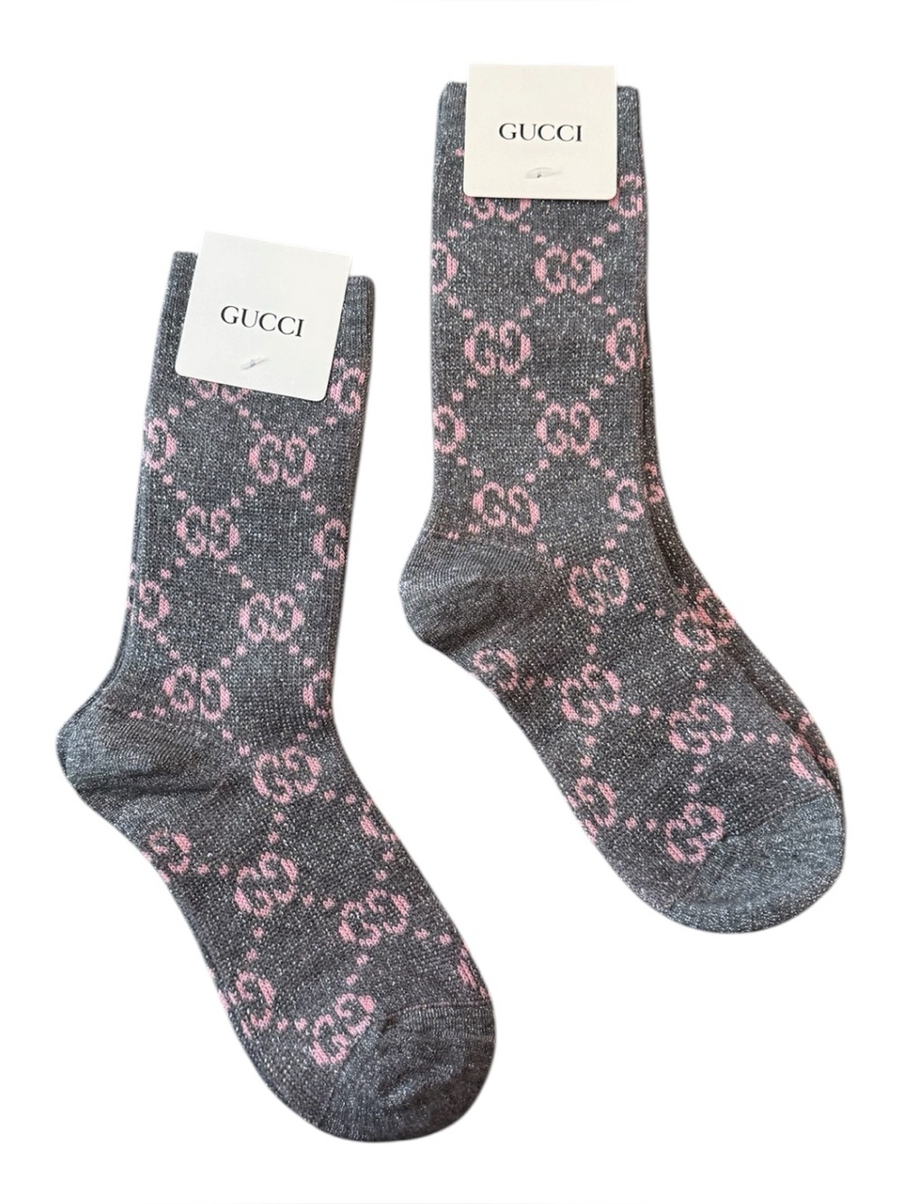 2 Pair Gucci Outlet GG Monogram Crew Socks — Gray with Pink